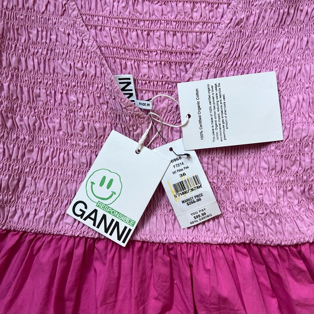 GANNI Pink Smocked Mini Dress